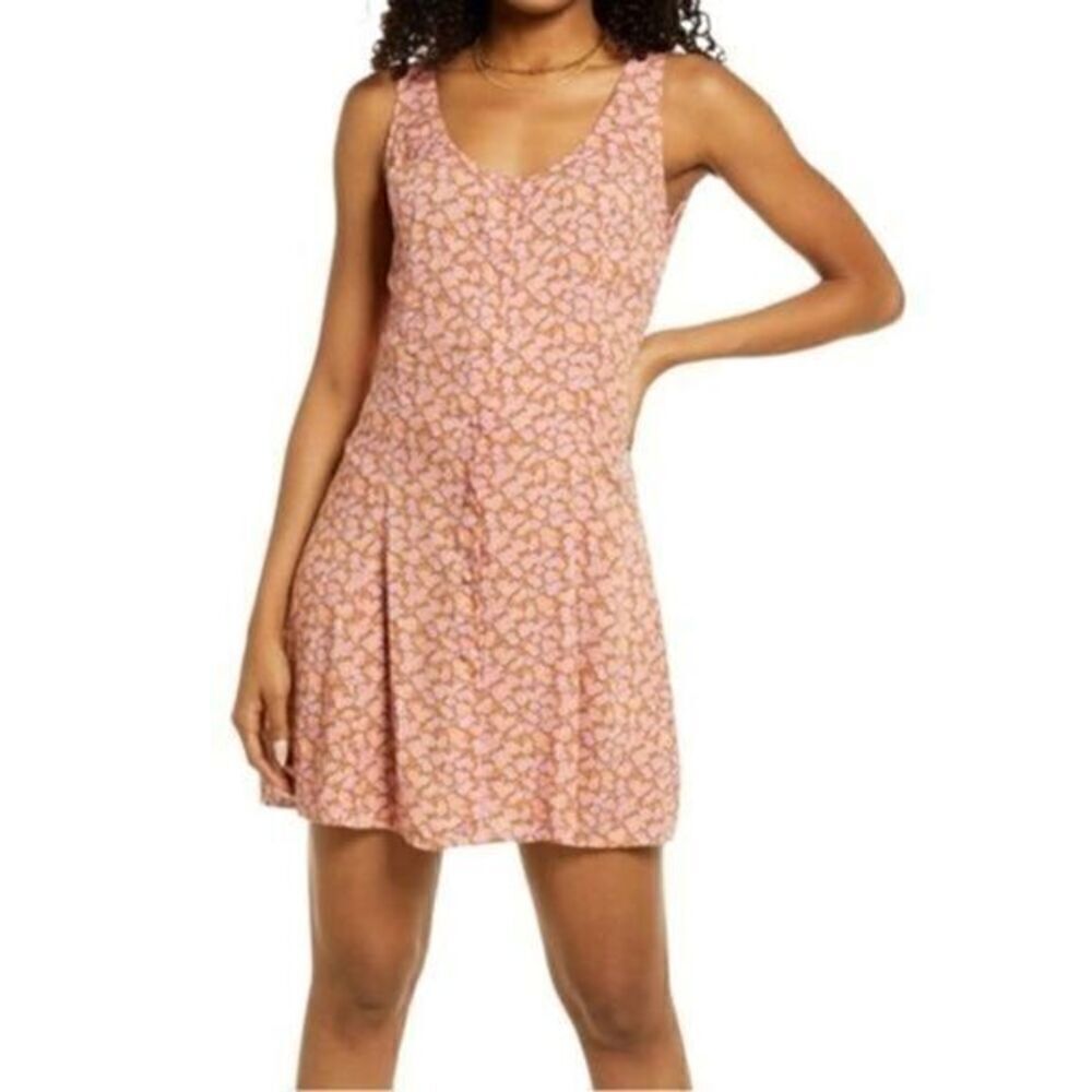 BP Nordstrom Button Front Floral Mini Dress Tan Pink Small